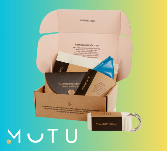 MUTU product packaging with strap on a gradient background