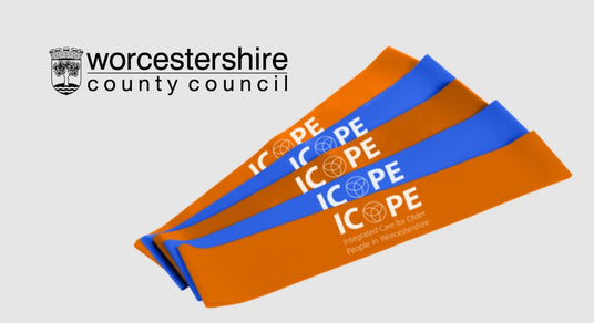 Orange and blue ribbons with 'ICOPE' text on a light gray background, featuring Worcestershire County Council logo.