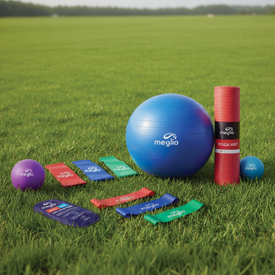 fitness and yoga pilates products on a grass field