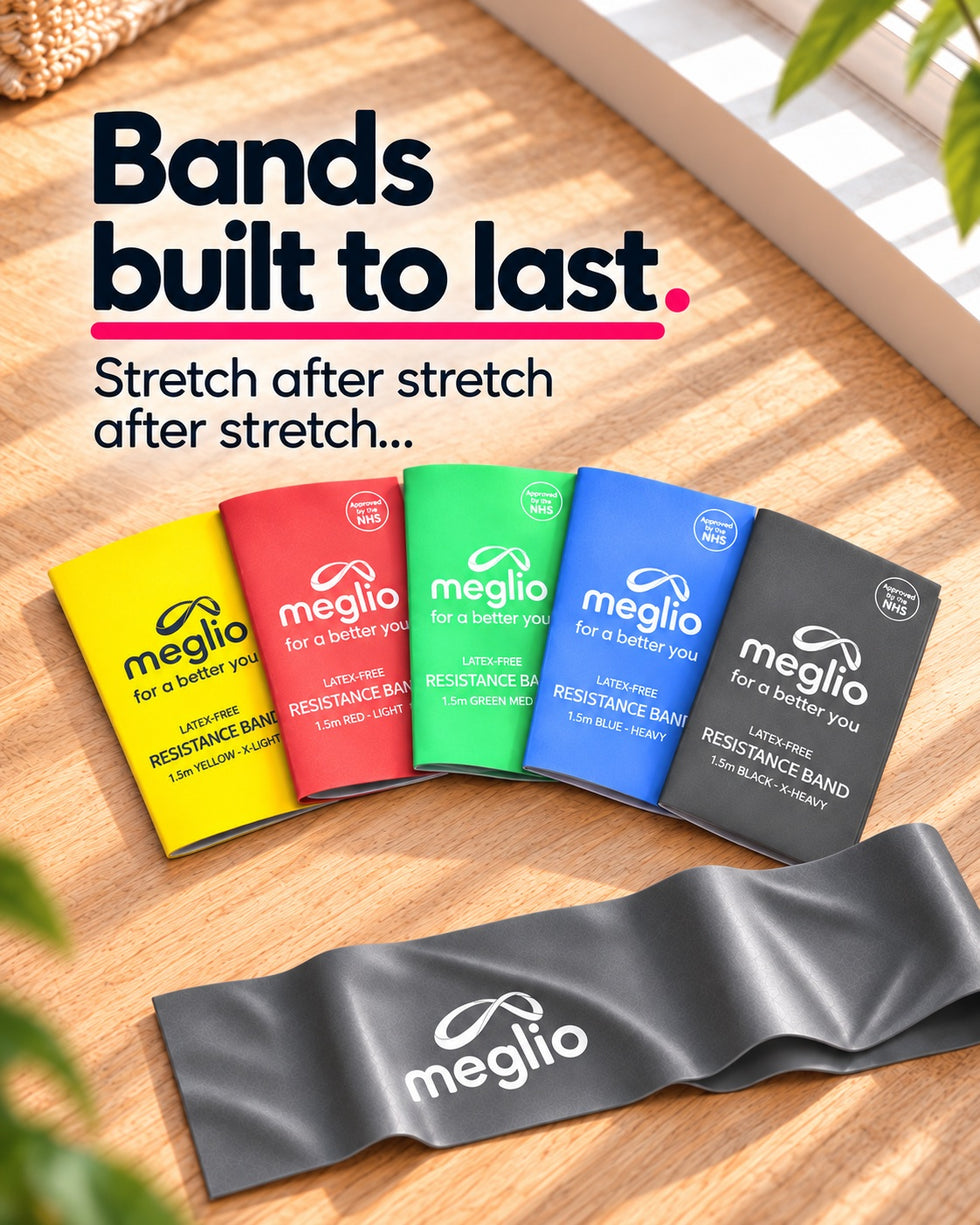Bands built to last. Stretch after stretch after stretch. Meglio resistance bands in five strengths with a loose charcoal band.
