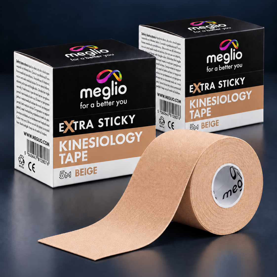 Meglio Extra Sticky Kinesiology Tape 5m x 5cm in Beige, with beige packaging.