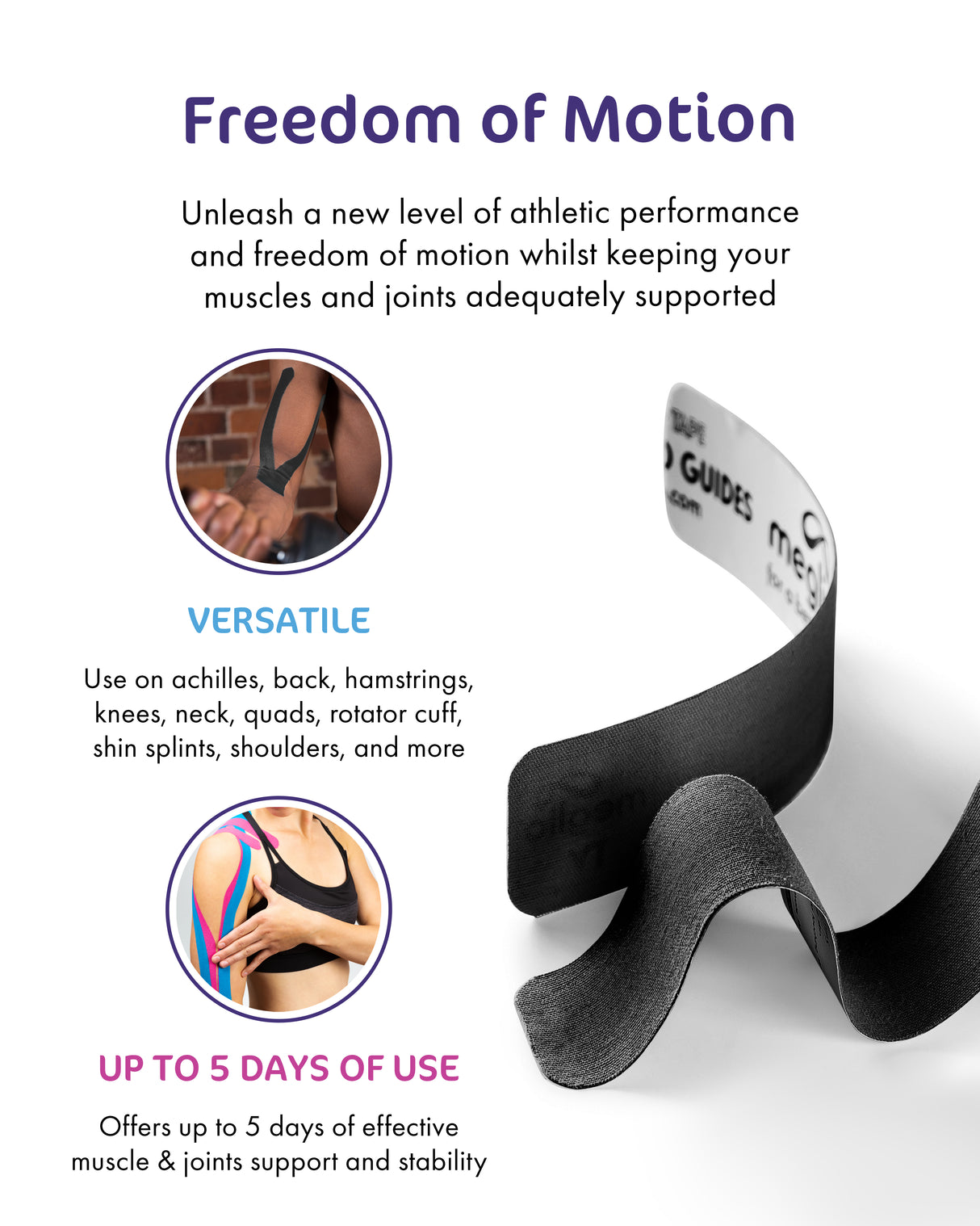 Kinesiology Tape 5m x 5cm. Pre-cut or Uncut  Sports injury recovery, hypo-allergenic, breathable, lightweight tape