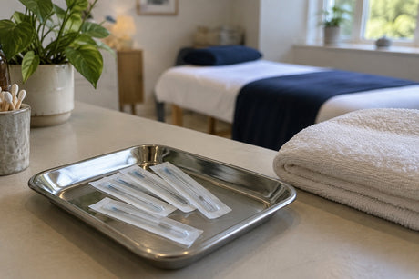 Sealed single-use acupuncture needles on a stainless steel tray in a treatment room, with a therapy couch in the background
