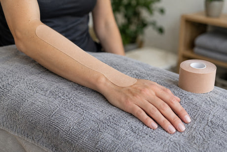 Beige kinesiology tape running along a woman's inner forearm to the back of the hand, with a roll of tape on the couch beside her