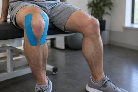 Blue kinesiology tape applied around the kneecap of a man sitting on the edge of a treatment couch in a clinic
