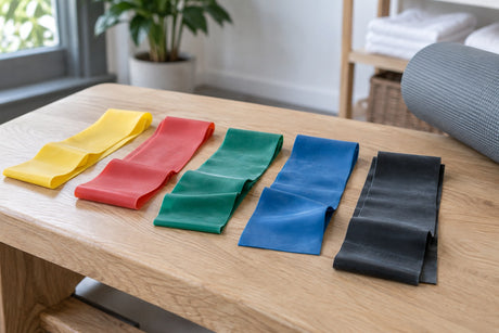 Five flat resistance bands in yellow, red, green, blue and black laid out in order of strength on a wooden table