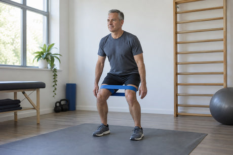 A man performing a partial squat with a blue resistance loop band above the knees on a mat in a rehab gym