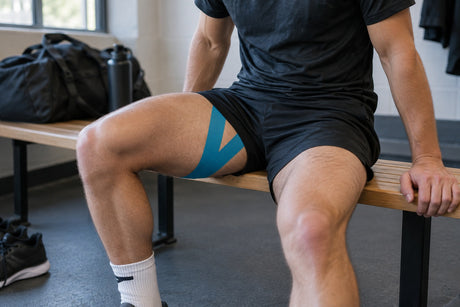 Blue kinesiology tape applied across the inner thigh and groin of a man sitting on a changing room bench