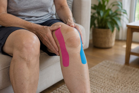 Pink and blue kinesiology tape applied around the kneecap of an older person sitting on a sofa at home