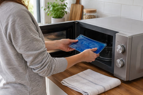 A woman placing a blue reusable gel pack into a microwave in a kitchen, with a folded towel on the worktop