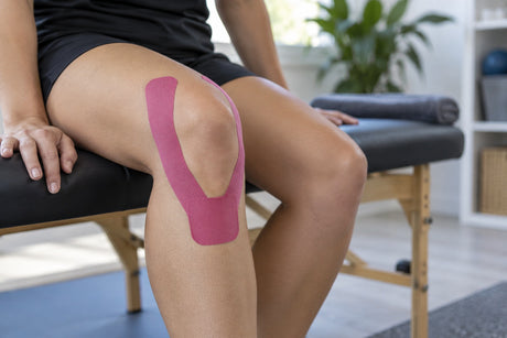 Pink kinesiology tape applied in a curve around the kneecap of a woman sitting on a treatment couch