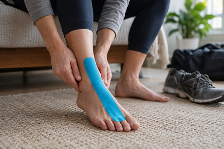 A person smoothing blue kinesiology tape along the top of the foot and ankle while sitting at home