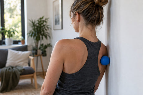 A woman leaning against a wall to press a blue massage ball between her shoulder blade and the wall at home