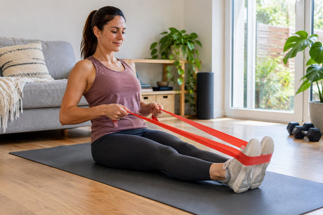 A woman sitting on a mat at home pulling a red flat resistance band looped around her feet
