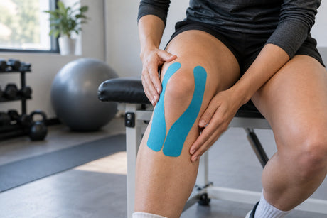 Blue kinesiology tape applied in two strips around the kneecap of a person sitting on a bench in a gym