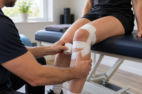 A physiotherapist wrapping white strapping tape around a patient's knee while they sit on a treatment couch