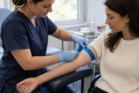 A nurse in scrubs fastening a blue tourniquet band around a seated patient's upper arm in a clinic room