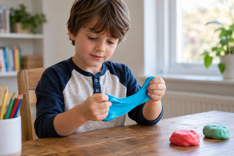 A young boy at a kitchen table stretching a piece of blue therapy putty, with red and green putty on the table