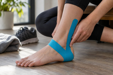 A person applying blue kinesiology tape in a stirrup around the ankle and heel while sitting on the floor