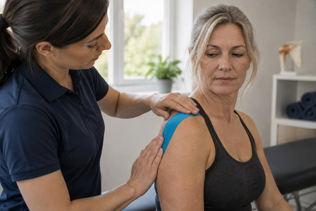 A physiotherapist smoothing blue kinesiology tape over the shoulder of a seated woman in a clinic