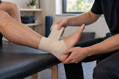 A physiotherapist wrapping beige elastic adhesive bandage around a patient's ankle on a treatment couch