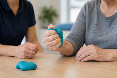 An older woman squeezing a ball of blue therapy putty in her fist at a table while a therapist sits alongside