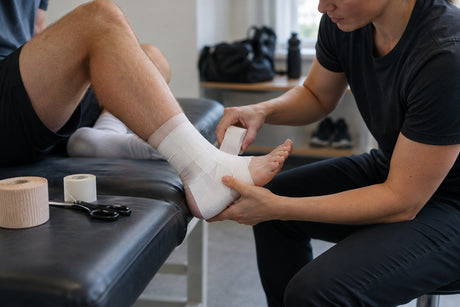 A therapist wrapping white tape around a man's ankle on a treatment couch, with a tape roll and scissors beside them