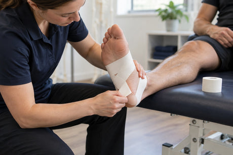 A physiotherapist applying white tape across the arch of a patient's foot for plantar fasciitis support