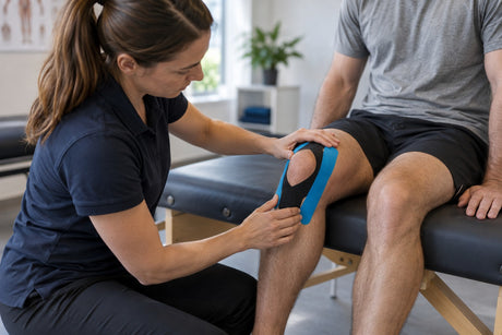 A physiotherapist applying blue and black kinesiology tape around a seated man's knee in a clinic