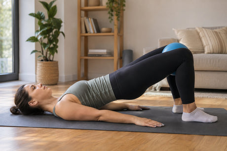 A woman lying on a mat in a bridge position squeezing a small blue pilates ball between her knees