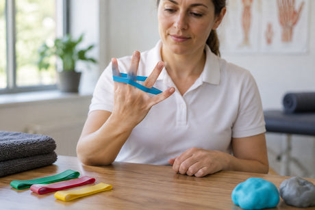 A clinician demonstrating a blue finger resistance band stretched across the fingers, with coloured loop bands and therapy putty on the table