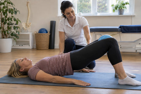 A physiotherapist guiding an older woman through a bridge exercise with a small blue pilates ball between her knees