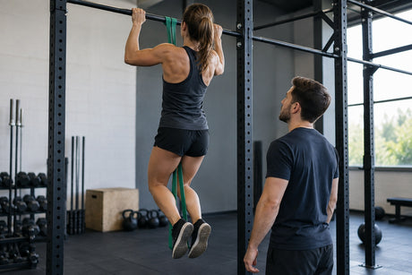 A woman performing a band-assisted pull-up with a green resistance band under her feet while a coach watches