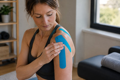 A woman at home looking at blue kinesiology tape applied over the front of her shoulder and upper arm