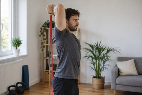 A man standing at home performing an overhead triceps extension with a red resistance band