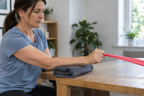 A woman seated at a table with her forearm supported on a folded towel, gripping a red resistance band for a wrist extension exercise