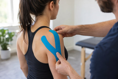 A therapist applying a Y-strip of blue kinesiology tape over the back of a standing woman's shoulder