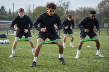 Four footballers on a training pitch doing lateral squat steps with green resistance loop bands around their thighs