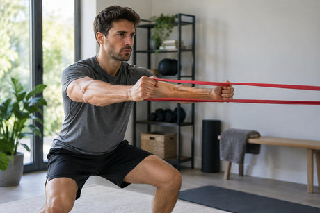 A man in a lunge position at home pulling a red resistance band forward with both hands