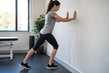 A woman doing a standing calf stretch with both hands against a wall and one leg extended behind her