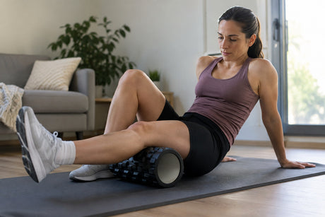 A woman sitting on a mat rolling the back of her thigh above the knee on a black foam roller