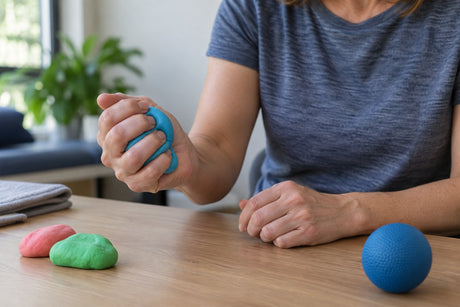 A woman at a table squeezing blue therapy putty in her fist, with red and green putty and a blue gel ball nearby