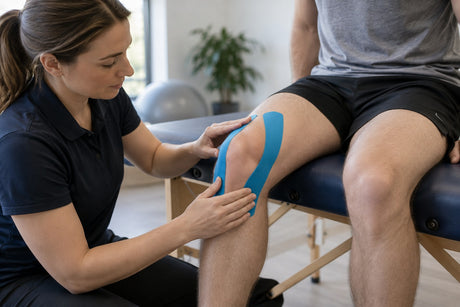 A physiotherapist smoothing a strip of blue kinesiology tape down the side of a seated man's knee