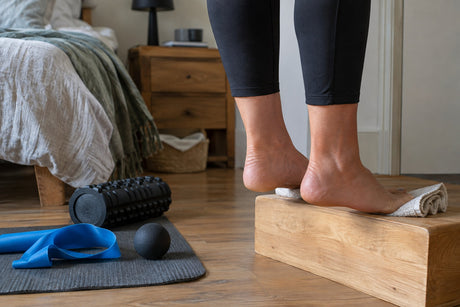 A person raising onto their toes with the balls of the feet on a wooden step, with a foam roller, massage ball and blue band nearby