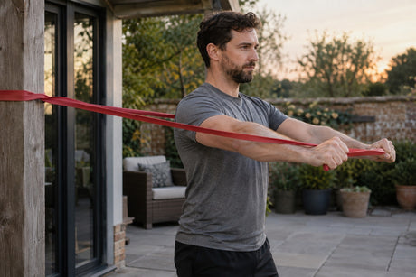 A man on a patio pressing a red resistance band forward at chest height, anchored behind him