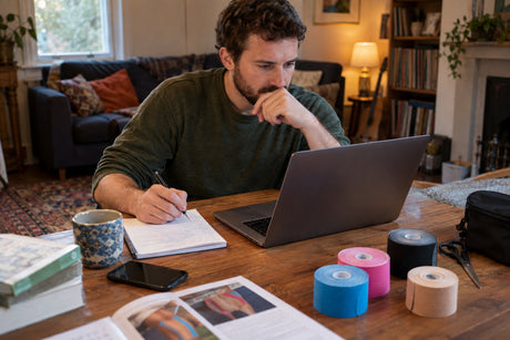 A man studying at a laptop at home taking notes, with rolls of kinesiology tape and a taping manual on the table