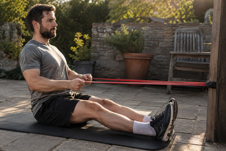 A man sitting on a mat outdoors with legs extended, pulling a red resistance band anchored in front of him