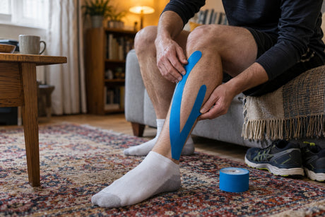A man sitting on a sofa applying a blue kinesiology tape strip up the back of his calf, with a tape roll on the rug
