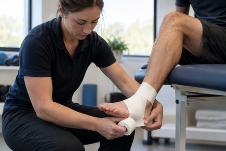 A physiotherapist applying white rigid tape around a patient's foot and ankle on a treatment couch