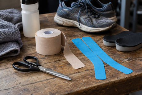 A roll of beige tape and two cut strips of blue kinesiology tape on a bench with scissors, a water bottle and running shoes